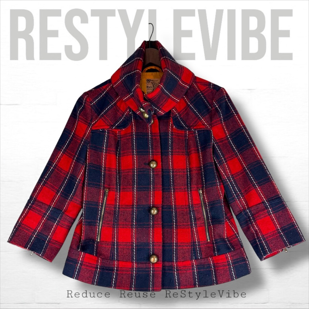 TULLE ANTHROPOLOGIE Women’s Size L Jacket Coat Plaid Peacoat Lined Wool Blend